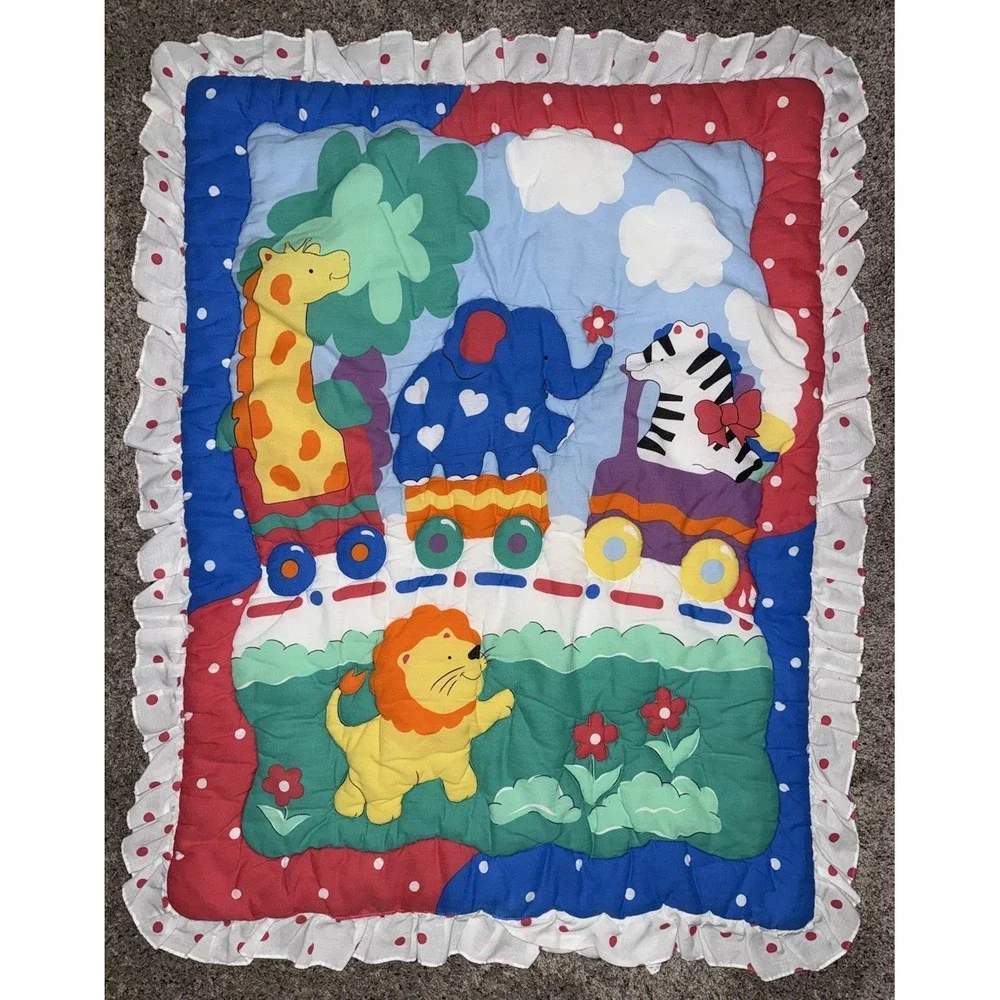 Vintage Kids Line Baby Comforter Quilt Red‎ White Dots Ruffle Trim Animal Circus